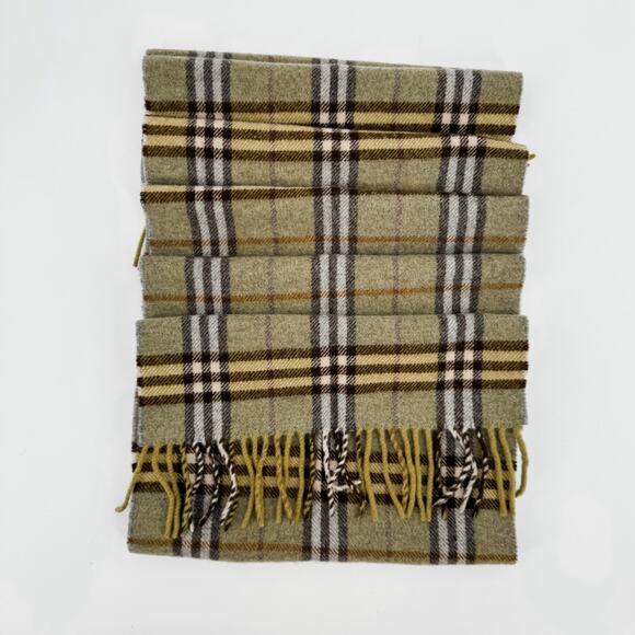 Burberry Scarf Lambswool Nova Check Plaid Green Beige Winter Authentic Fringe - Picture 5 of 6